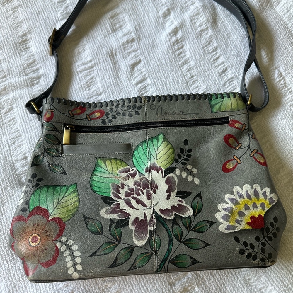 Anna Gray Floral Leather Shoulder Bag